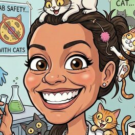 Ilustração da Vanessa de jaleco no laboratório, segurando um erlenmeyer, cercada de gatos